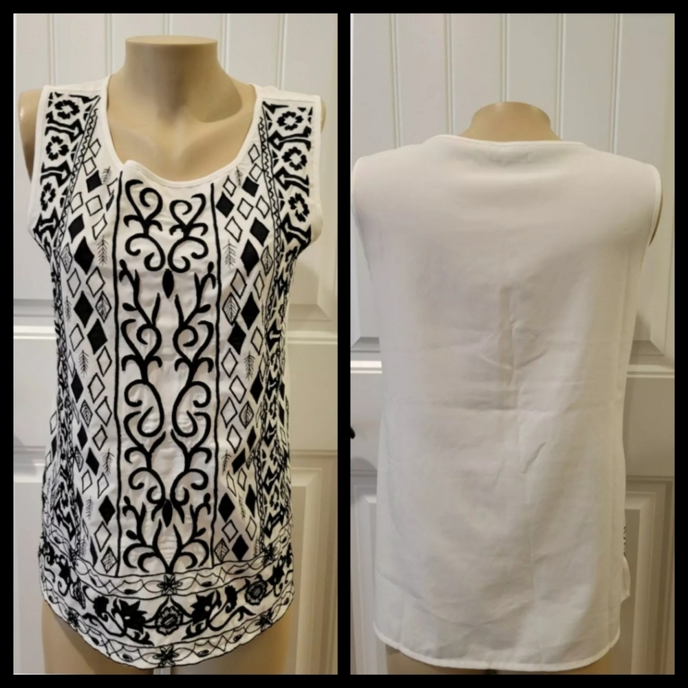 Soft Surroundings white & black embroidered pullover cotton top S - Picture 3 of 9